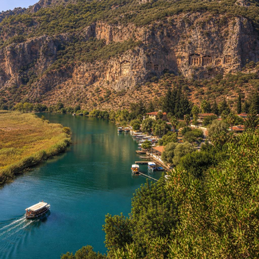 Dalyan kanalı ve Likya kaya mezarları manzarası – Muğla Dalyan teknik servis bölgesi